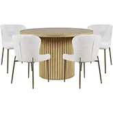 Auden 5 Piece Dining Set in Natural Brown Wood, Gray Fabric & Brass